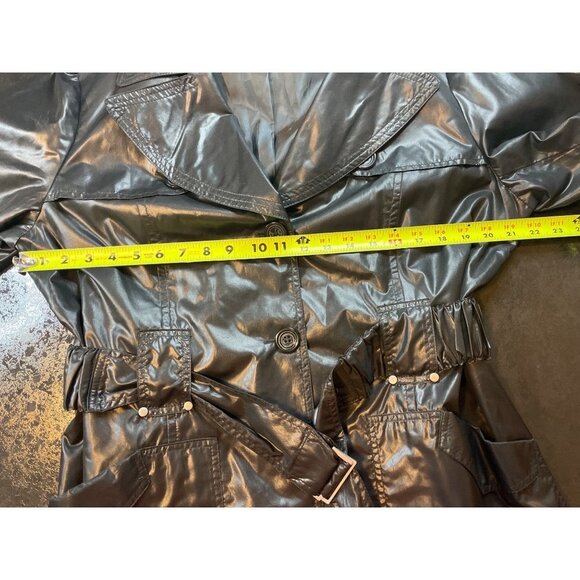 Chico’s Black Belted Short Shiny Double Breasted Rain Jacket Sz XL - Picture 6 of 10